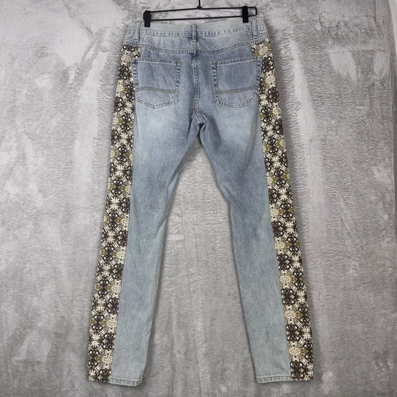 Sun Stone Jeans Womens 32 Light Blue Straight Leg Brown Patch Design Side Panel - Picture 3 of 14